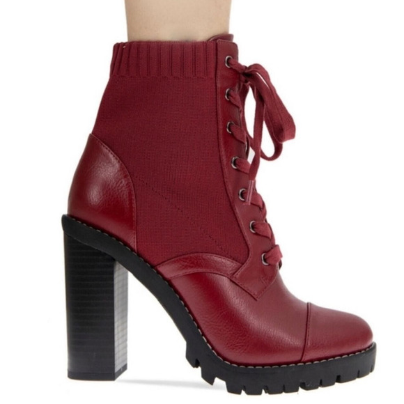 BCBGeneration Women's Pilas Lug Sole Stretch Knit Bootie, Medium Red Size 5M - Picture 1 of 4